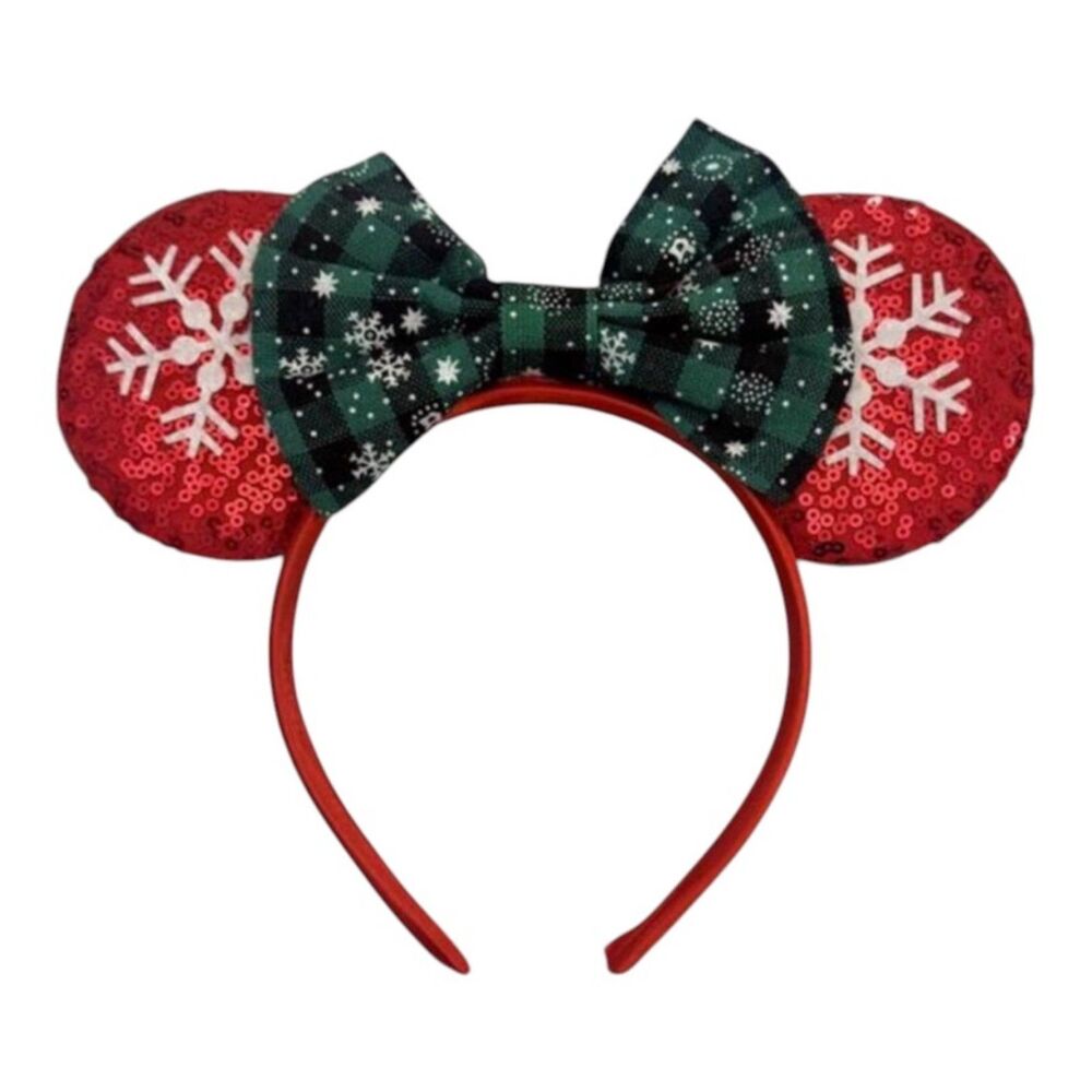 Custom Disney Ears | Red Snowflake Headband | Christmas Holiday Sparkle | Plaid